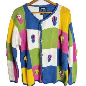 Vintage Rey Wear Sweater Hand Knit Spring Cardigan Sweater Size XL Cotton